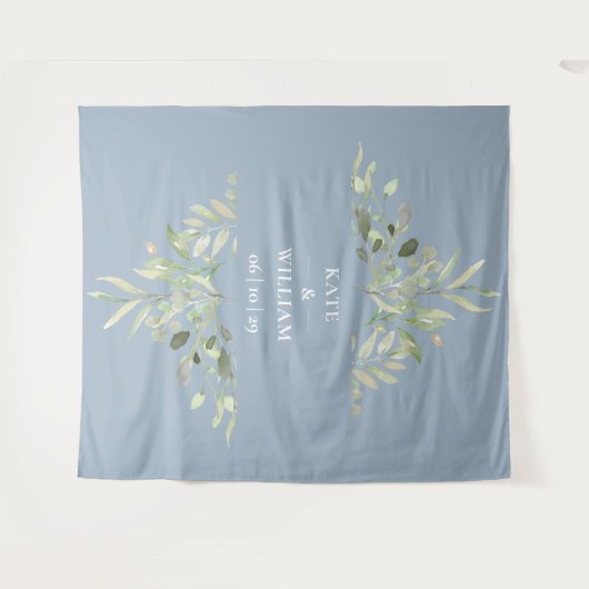 Dusty Blue Greenery Wedding Photo Booth Backdrop Wandkleed (Voorkant (horizontaal))