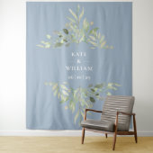 Dusty Blue Greenery Wedding Photo Booth Backdrop Wandkleed (In situ)