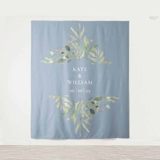 Dusty Blue Greenery Wedding Photo Booth Backdrop Wandkleed (Voorkant)