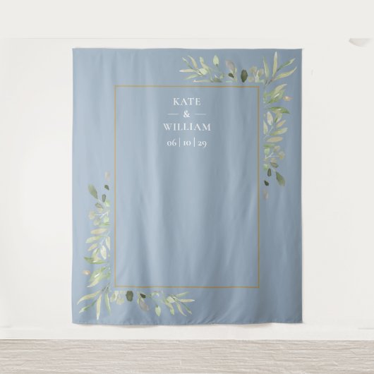Dusty Blue Greenery Wedding Photo Booth Backdrop Wandkleed (Voorkant)