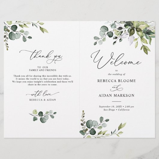 Dusty Blue Greenery Wedding Programme Bi-Fold (Voorkant)