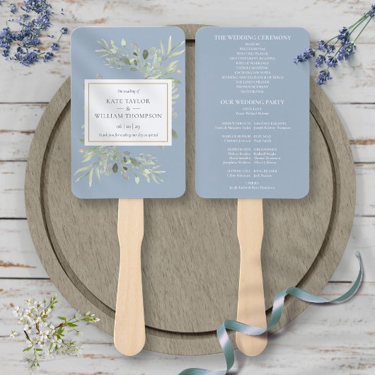Dusty Blue Greenery Wedding Programme Hand Fan Handwaaier