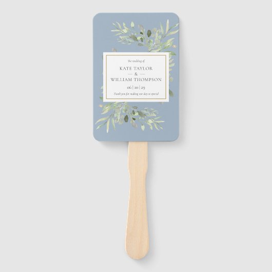 Dusty Blue Greenery Wedding Programme Hand Fan Handwaaier (Voorkant)