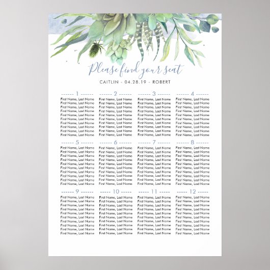 Dusty Blue Greenery Wedding Seating Chart Poster (Voorkant)