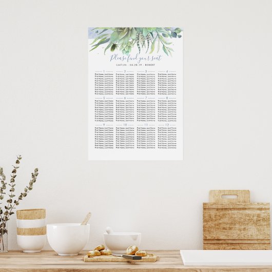 Dusty Blue Greenery Wedding Seating Chart Poster (Keuken)