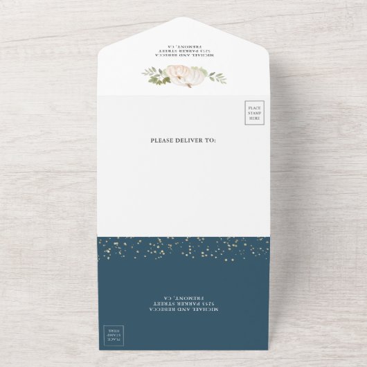Dusty Blue Greenery White Pumpkin Fall Wedding All In One Uitnodiging (Buitenkant)