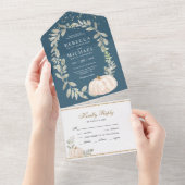 Dusty Blue Greenery White Pumpkin Fall Wedding All In One Uitnodiging (Afscheurbaar)