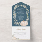 Dusty Blue Greenery White Pumpkin Fall Wedding All In One Uitnodiging (Binnen)