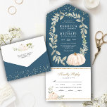 Dusty Blue Greenery White Pumpkin Fall Wedding All In One Uitnodiging<br><div class="desc">Verrijk je gasten met deze elegante trouwuitnodiging met mooie bladeren en roestvrij witte pompoen met afneembaar RSVP-briefkaart. Voeg eenvoudig uw gebeurtenisdetails op deze makkelijk te gebruiken sjabloon toe om het één-van-een-soort uitnodiging te maken.</div>