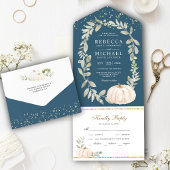 Dusty Blue Greenery White Pumpkin Fall Wedding All In One Uitnodiging