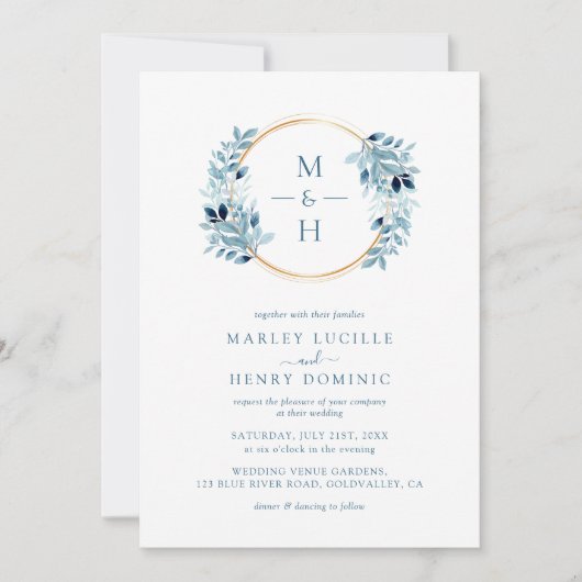 Dusty Blue Greenery Wreath Monogram Wedding Kaart (Voorkant)