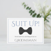 Dusty Blue & Grey be My Groomsman Fun Bow Stropdas Kaart (Staand voorkant)