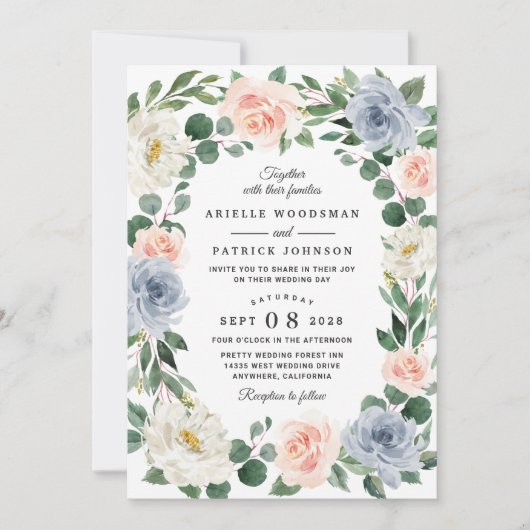 Dusty Blue Grey Blush Pink Peach Floral Wedding Kaart (Voorkant)