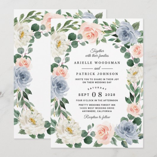 Dusty Blue Grey Blush Pink Peach Floral Wedding Kaart (Voorkant / Achterkant)