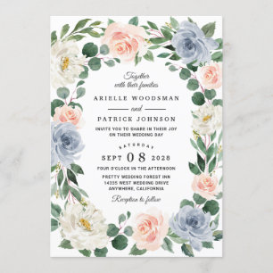 Dusty Blue Grey Blush Pink Peach Floral Wedding Kaart