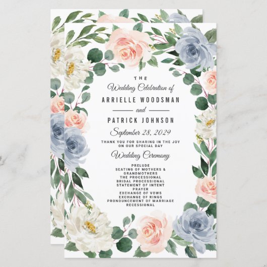 Dusty Blue Grey Blush Pink Peach Wedding Programs (Voorkant / Achterkant)