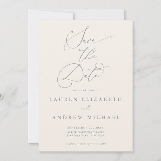 Dusty Blue Grey & Cream Minimalist Save the Date Kaart (Voorkant)