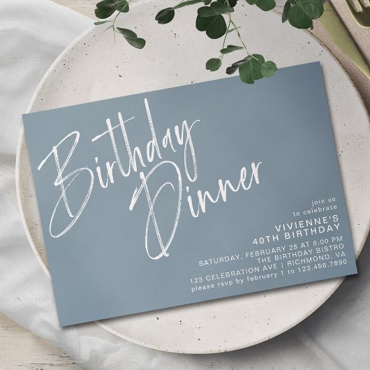 Dusty Blue Grey | Elegant script verjaardagsdiner Kaart