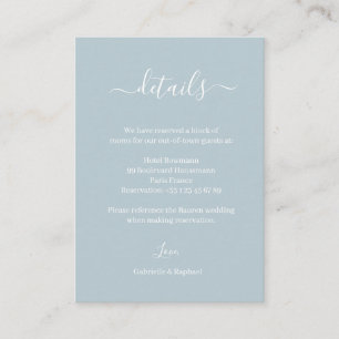 Dusty Blue Grey en White Wedding Hotel Detail Informatiekaartje