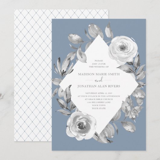 Dusty Blue Grey Floral Diamond Wedding Kaart (Voorkant / Achterkant)