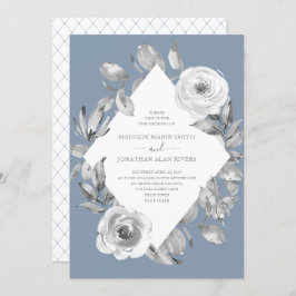 Dusty Blue Grey Floral Diamond Wedding Kaart
