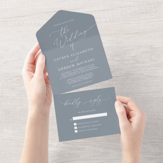 Dusty Blue Grey Minimalist Wedding All In One Uitnodiging (Afscheurbaar)