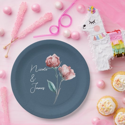 Dusty Blue Grey Modern Waterverf Bloemenbruiloft Papieren Bordje (Feest)