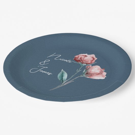 Dusty Blue Grey Modern Waterverf Bloemenbruiloft Papieren Bordje (Gekanteld)