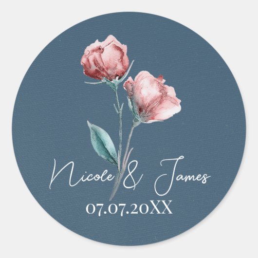 Dusty Blue Grey Modern Waterverf Bloemenbruiloft Ronde Sticker (Voorkant)