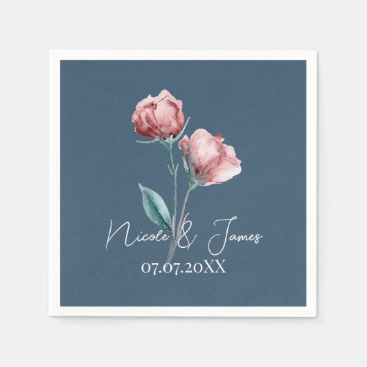 Dusty Blue Grey Modern Waterverf Bloemenbruiloft Servet (Voorkant)