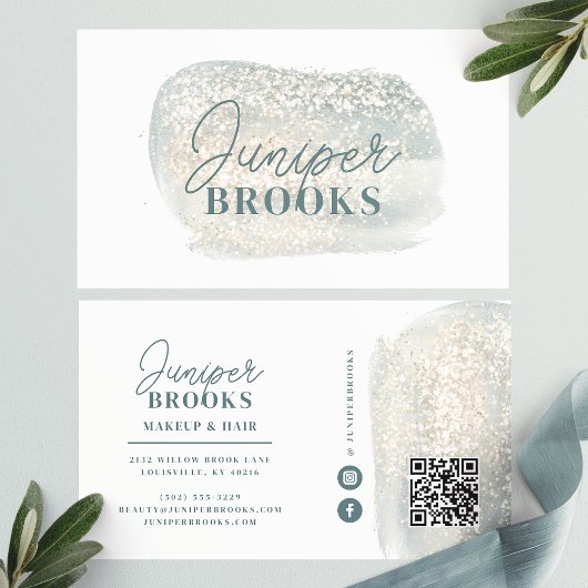 Dusty Blue Grey Social Media QR Code Glitter Visitekaartje