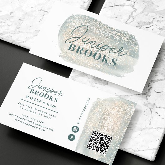 Dusty Blue Grey Social Media QR Code Glitter Visitekaartje