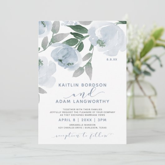 Dusty Blue Grey Waterverf Floral Wedding Kaart (Staand voorkant)