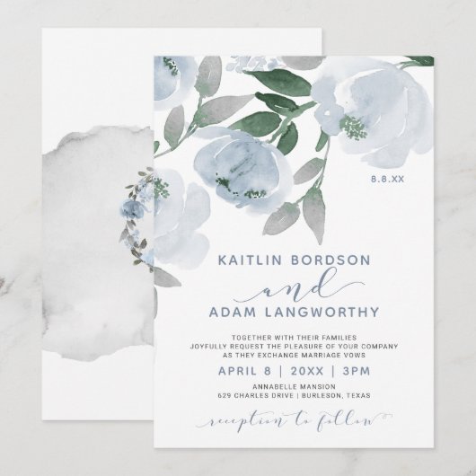 Dusty Blue Grey Waterverf Floral Wedding Kaart (Voorkant / Achterkant)
