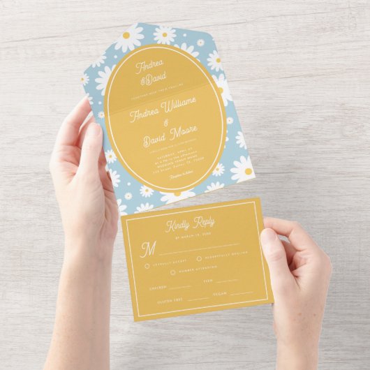 Dusty Blue Groovy Daisy 70's Bright Yellow Wedding All In One Uitnodiging (Afscheurbaar)