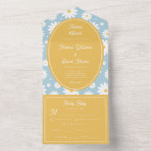 Dusty Blue Groovy Daisy 70's Bright Yellow Wedding All In One Uitnodiging (Binnen)