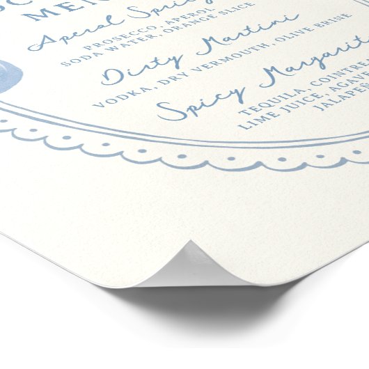 Dusty Blue Hand Drawn Bow Lijst Cocktail Menu Poster (Hoek)