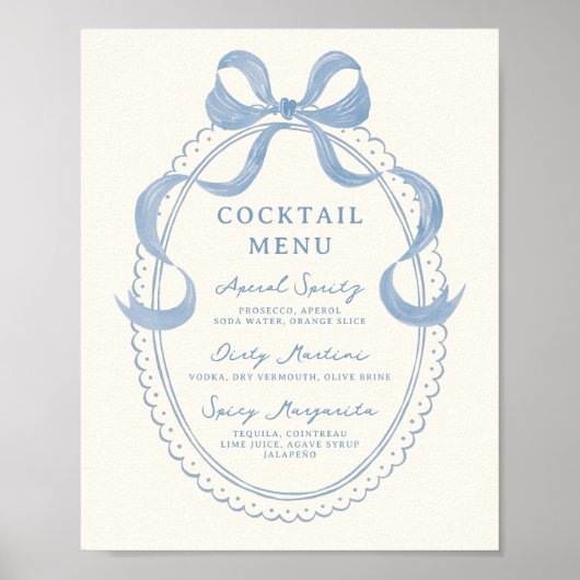 Dusty Blue Hand Drawn Bow Lijst Cocktail Menu Poster (Voorkant)