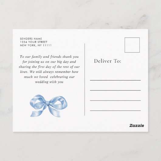 Dusty Blue Hand Drawn Bow Wedding Dank u Briefkaart (Achterkant)