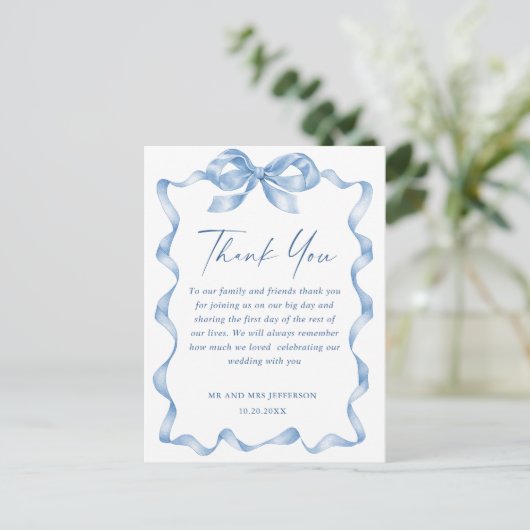 Dusty Blue Hand Drawn Bow Wedding Dank u Briefkaart (Staand voorkant)