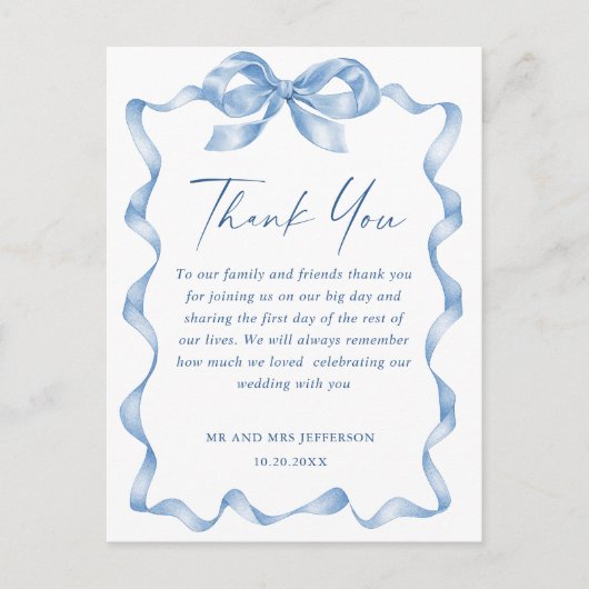 Dusty Blue Hand Drawn Bow Wedding Dank u Briefkaart (Voorkant)