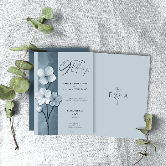 Dusty Blue Hand Drawn Floral Botanical Wedding Kaart