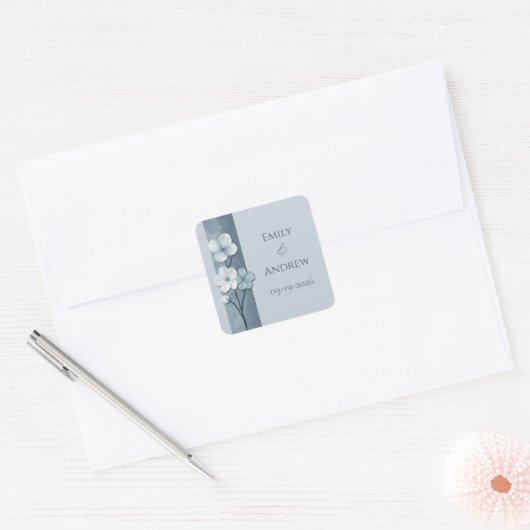 Dusty Blue Hand Drawn Floral Botanical Wedding Vierkante Sticker (Envelop)