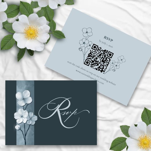 Dusty Blue Hand Drawn Floral QR Code RSVP Kaartje