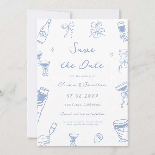 Dusty Blue Hand Drawn Wedding Save the Date Foto Kaart (Voorkant)