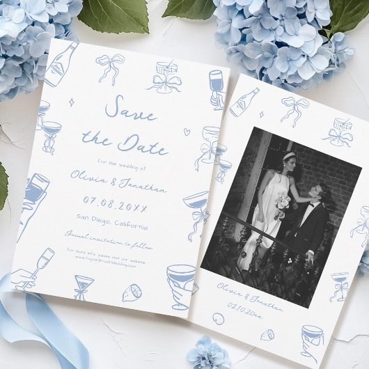 Dusty Blue Hand Drawn Wedding Save the Date Foto Kaart