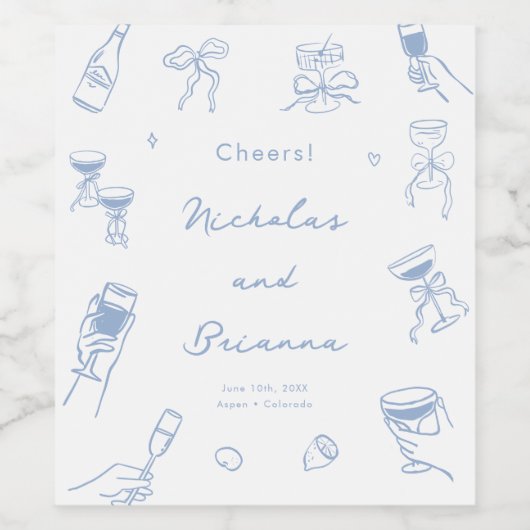 Dusty Blue Hand Drawn Wedding Wijn Etiket (Enkel label)