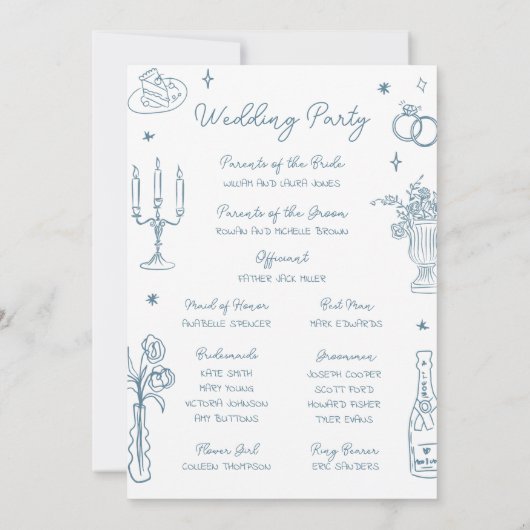 Dusty Blue Hand Drawn Whimsical Wedding Program Kaart (Achterkant)