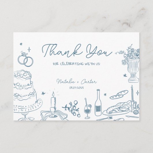 Dusty Blue Hand getekend grillige bruiloft Dank u Informatiekaartje (Voorkant)