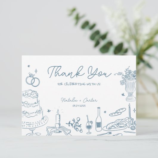 Dusty Blue Hand getekend grillige bruiloft Dank u Informatiekaartje (Staand voorkant)